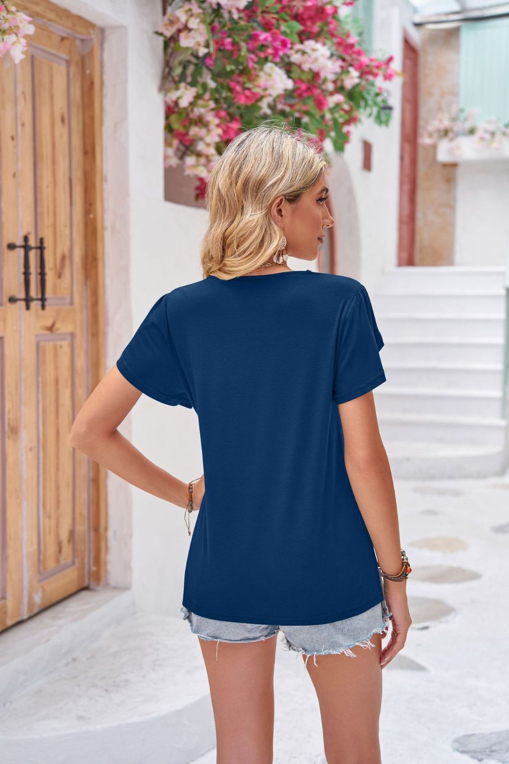 Contrast V-Neck Petal Sleeve Top - Flyclothing LLC