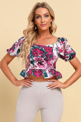 Floral Tied Cropped Peplum Blouse - Flyclothing LLC