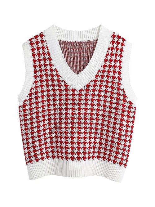 Houndstooth V-Neck Sweater Vet - Trendsi