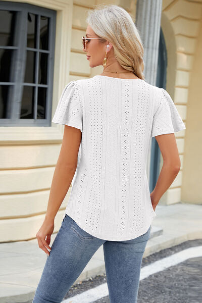 Eyelet Square Neck Short Sleeve T-Shirt - Flyclothing LLC