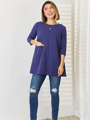 Pocketed Round Neck Half Sleeve Blouse - Flyclothing LLC