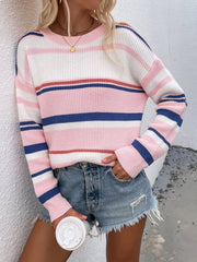 Striped Drop Shoulder Round Neck Pullover Sweater - Flyclothing LLC