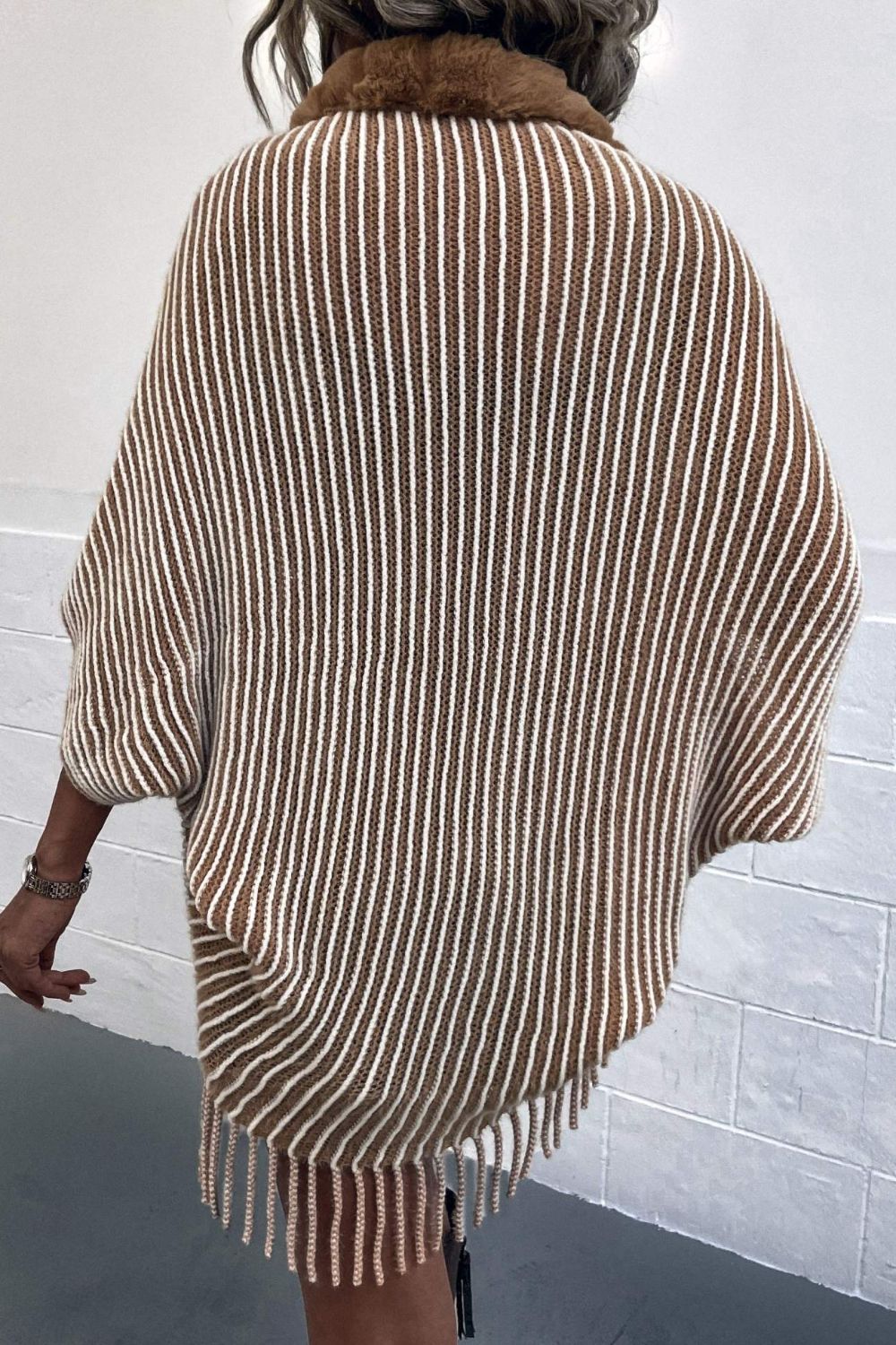 Striped Fringe Detail Long Sleeve Poncho – Flyclothing LLC