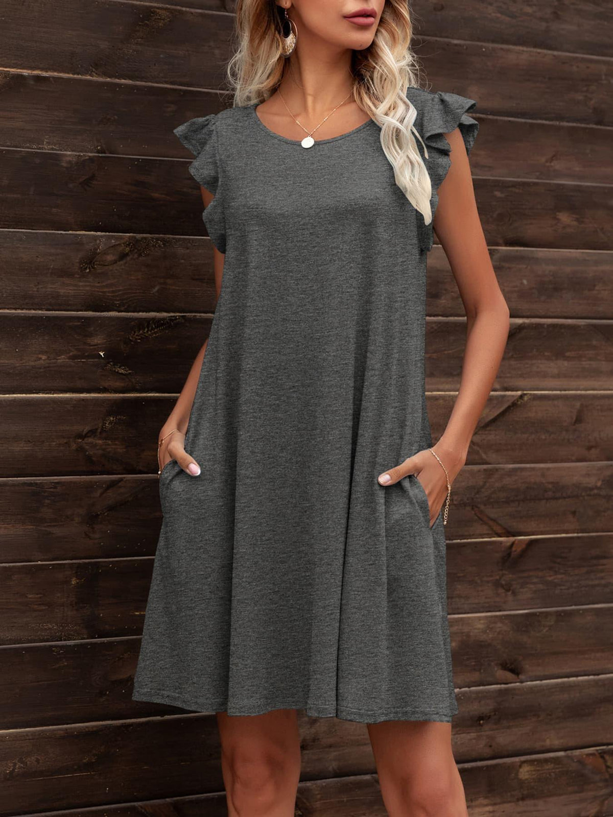 Round Neck Flutter Sleeve Dress with Pockets - Flyclothing LLC