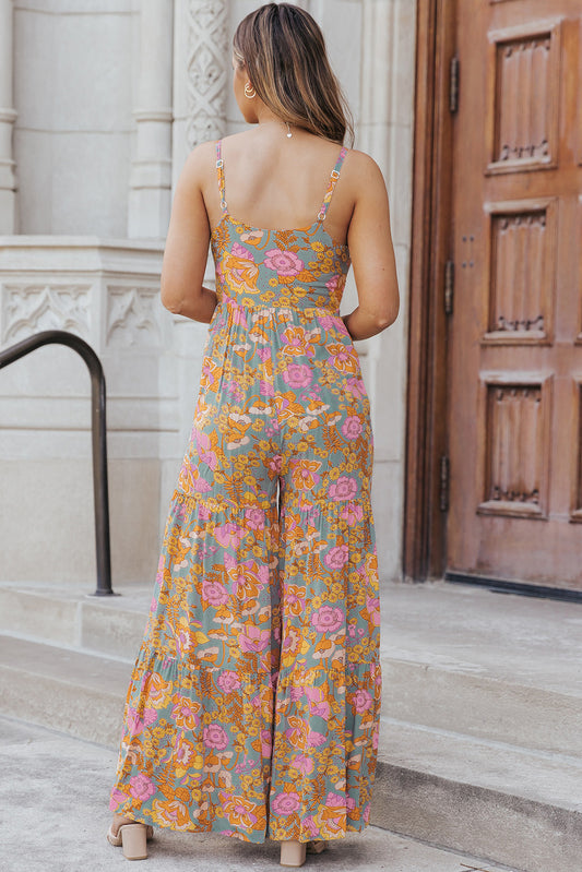 Floral Spaghetti Strap Wide Leg Jumpsuit - Flyclothing LLC