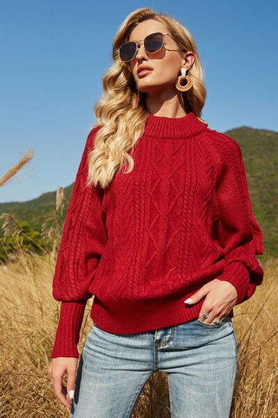 Ribbed Mock Neck Lantern Sleeve Sweater - Flyclothing LLC