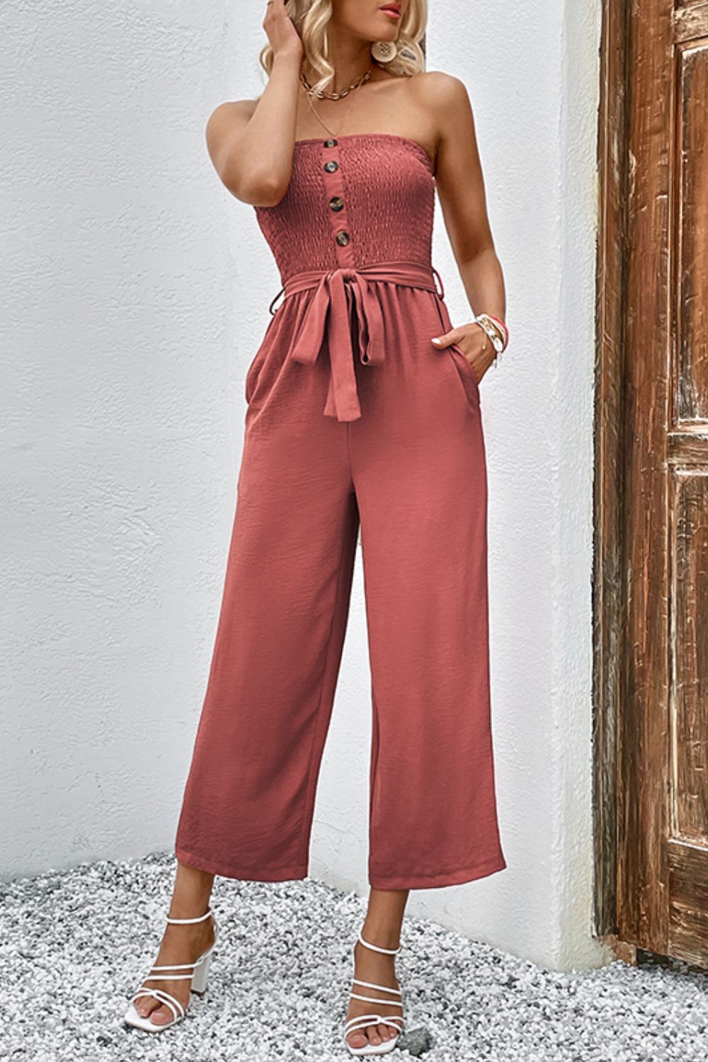 Decorative Button Strapless Smocked Jumpsuit with Pockets - Flyclothing LLC