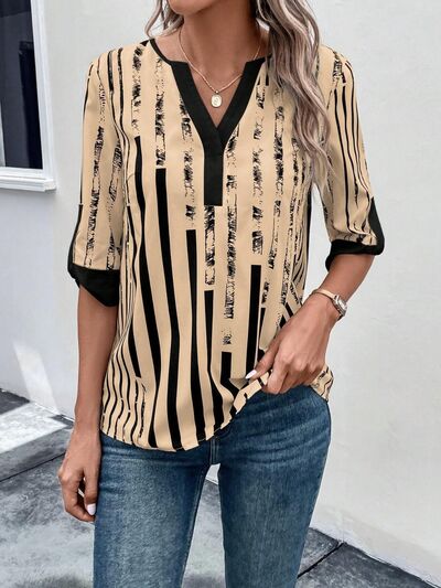 Striped Notched Half Sleeve Blouse - Flyclothing LLC