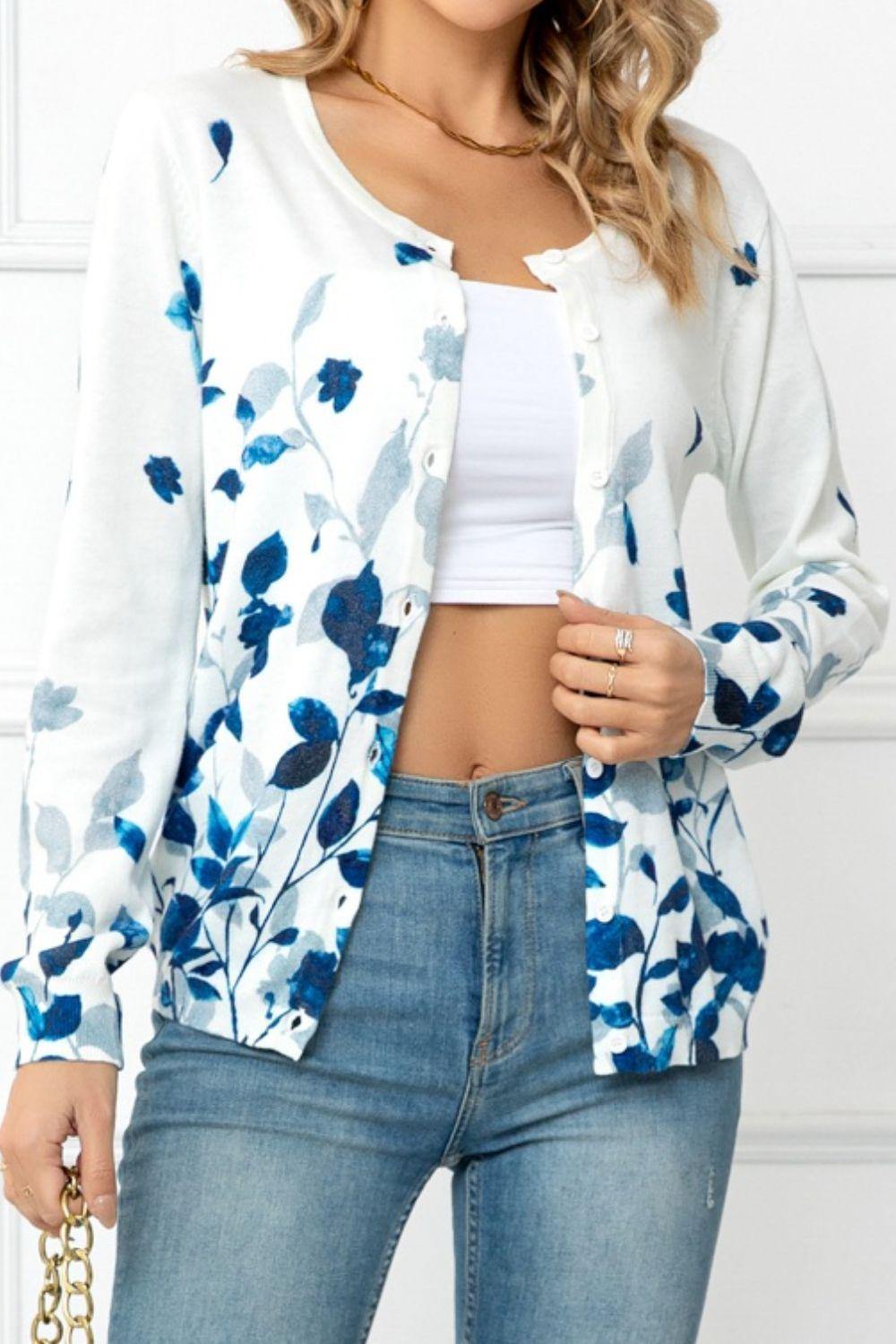 Floral Button Front Round Neck Cardigan - Flyclothing LLC