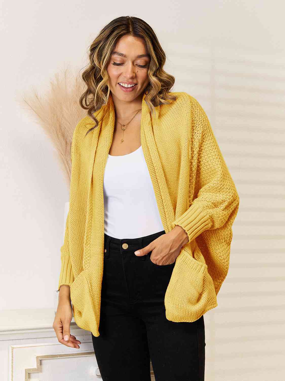 Open Front  Cardigan with Pockets - Flyclothing LLC