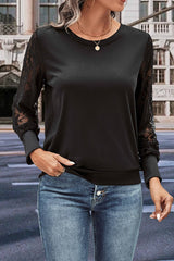 Round Neck Lace Trim Long Sleeve Sweatshirt - Flyclothing LLC