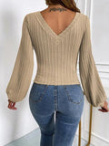 Cable-Knit V-Neck Long Sleeve Knit Top - Trendsi