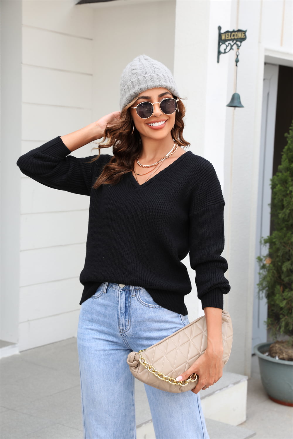 Ribbed V-Neck Dropped Shoulder Knit Top - Trendsi