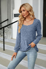 Ribbed Square Neck Long Sleeve T-Shirt - Flyclothing LLC