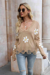 Flower Distressed Long Sleeve Sweater - Flyclothing LLC