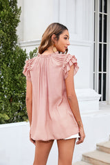 Tie Neck Ruffle Trim Blouse - Flyclothing LLC