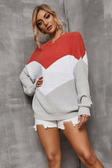 Color Block Round Neck Rib-Knit Sweater - Trendsi