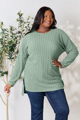 Basic Bae Full Size Ribbed Round Neck Long Sleeve Slit Top - Flyclothing LLC