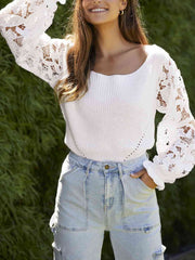 Ribbed Lace Trim Flounce Sleeve Knit Top - Flyclothing LLC