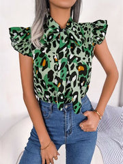 Leopard Tie Neck Cap Sleeve Blouse - Flyclothing LLC