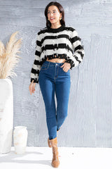 Striped Fringe Round Neck Sweater - Flyclothing LLC