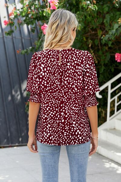 Polka Dot Round Neck Lantern Sleeve Blouse - Flyclothing LLC