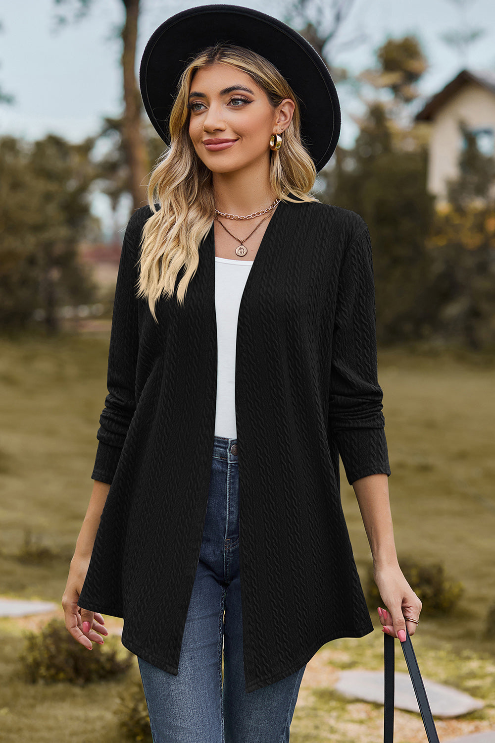 Textured Open Front Long Sleeve Cardigan - Flyclothing LLC