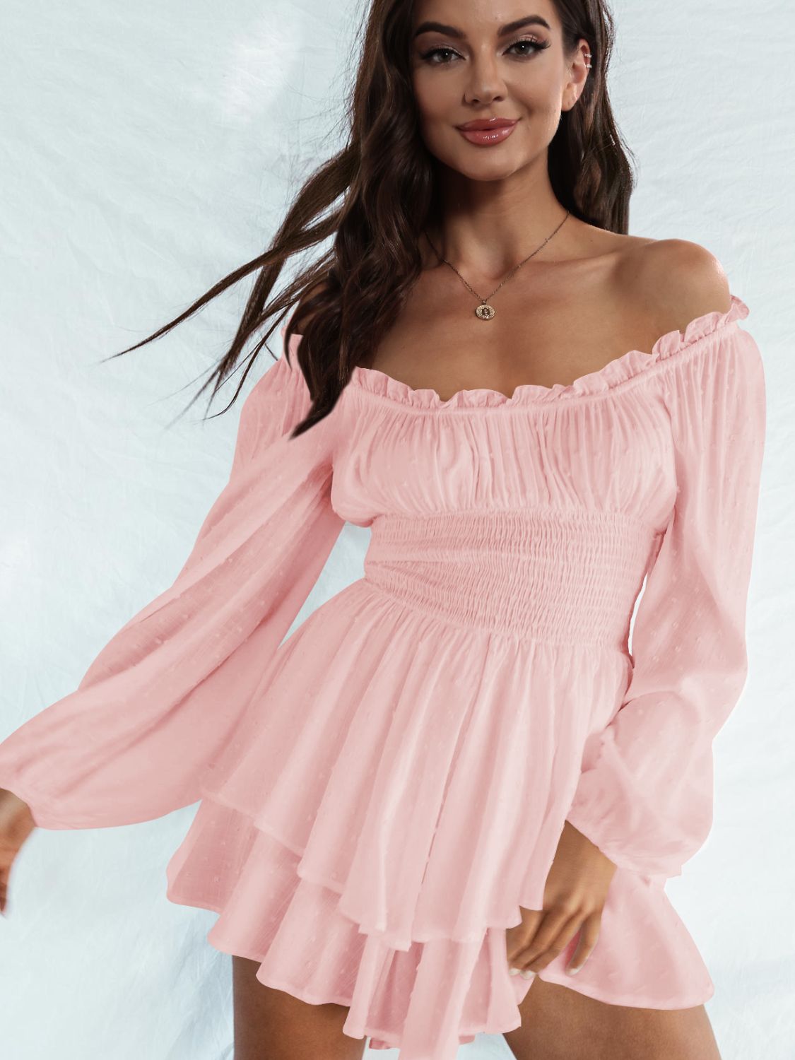 Off Shoulder Smocked Waist Mini Dress – Flyclothing LLC