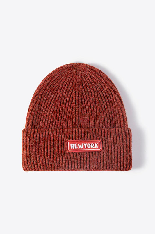 NEWYORK Patch Rib-Knit Cuffed Beanie - Flyclothing LLC