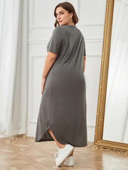 Plus Size Pocketed V-Neck Short Sleeve Lounge Dress - Flyclothing LLC