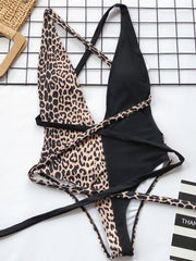 Tied Leopard Plunge One-Piece Swimwear - Flyclothing LLC