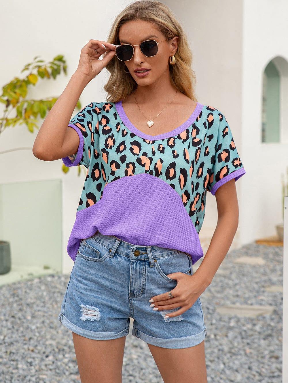 Leopard Waffle-Knit Short Sleeve Top - Trendsi