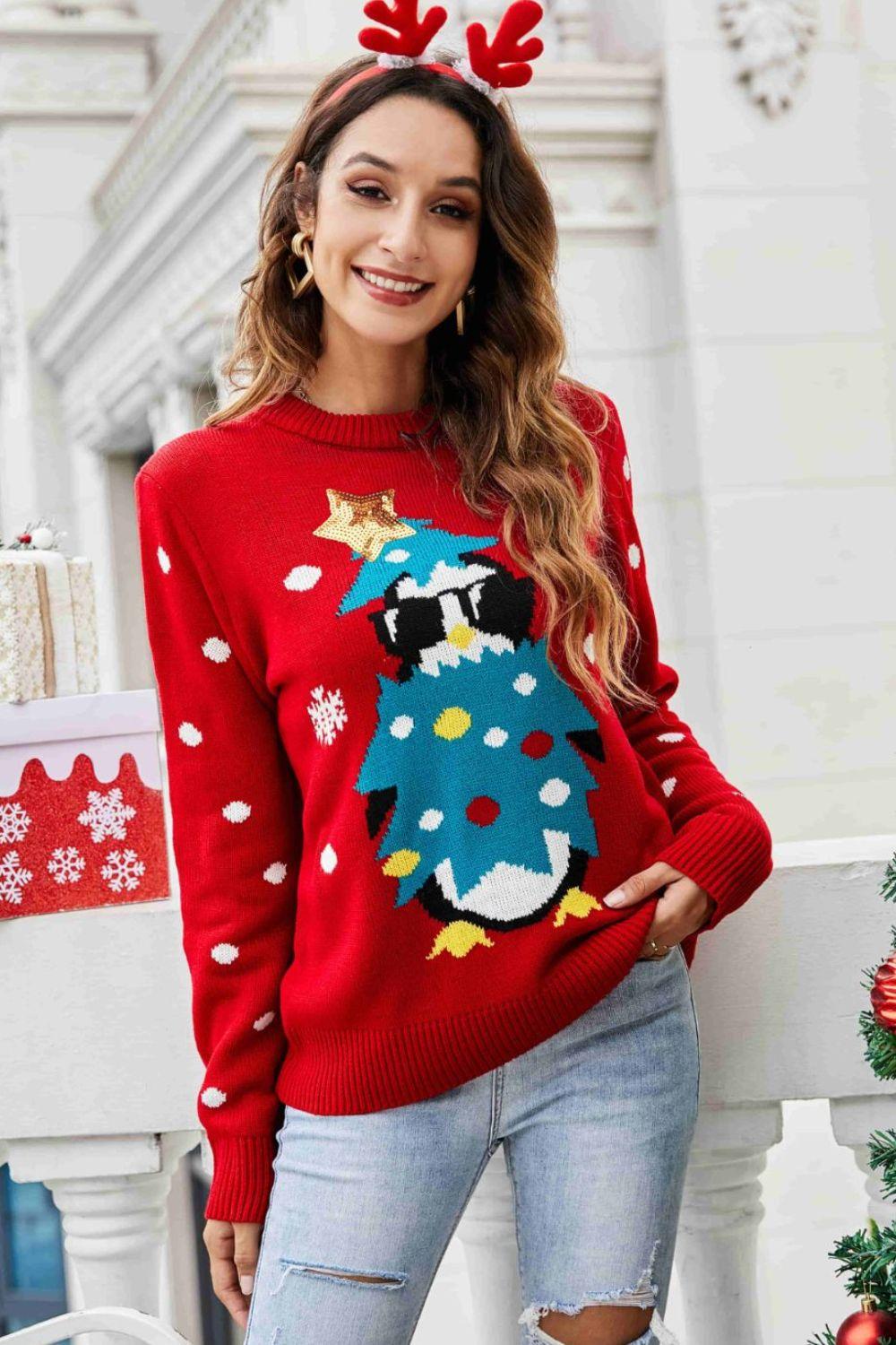 Christmas Penguin Graphic Sequin Sweater - Trendsi