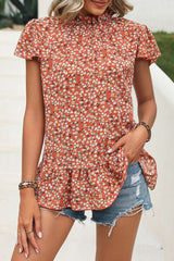 Ditsy Floral Mock Neck Short Sleeve T-Shirt - Flyclothing LLC