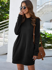 Round Neck Long Sleeve Mini Dress with Pockets - Flyclothing LLC