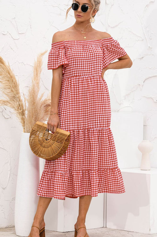 Plaid Off-Shoulder Tiered Midi Dress - Flyclothing LLC