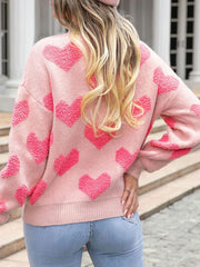 Heart Round Neck Dropped Shoulder Sweater - Flyclothing LLC