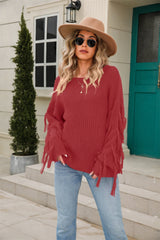 Ribbed Round Neck Fringe Detail Sweater - Flyclothing LLC