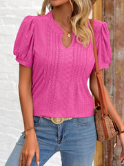 Eyelet Notched Puff Sleeve T-Shirt - Flyclothing LLC