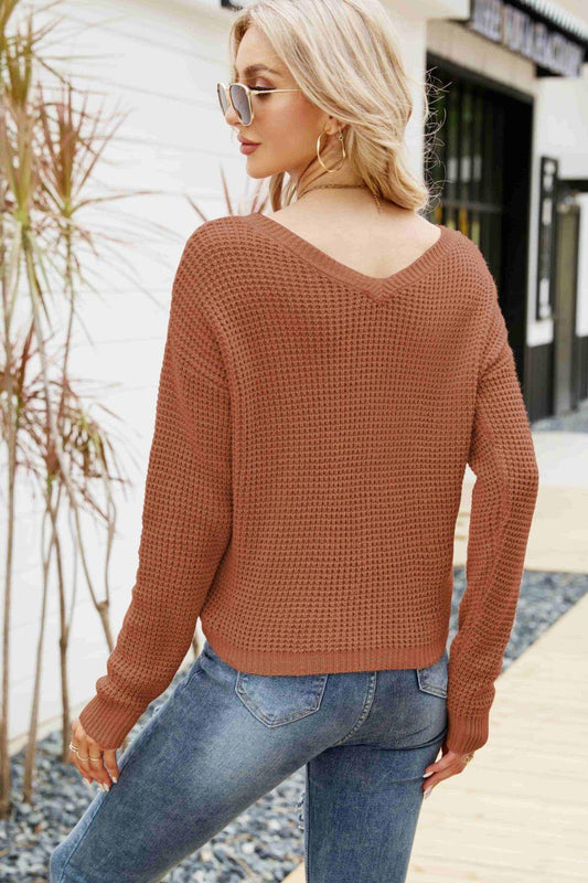 Waffle-Knit Drawstring Detail V-Neck Sweater - Flyclothing LLC