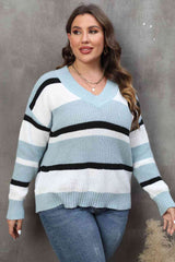 Plus Size Striped V-Neck Dropped Shoulder Sweater - Flyclothing LLC