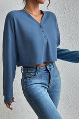 Cropped V-Neck Raglan Sleeve Buttoned Blouse - Flyclothing LLC