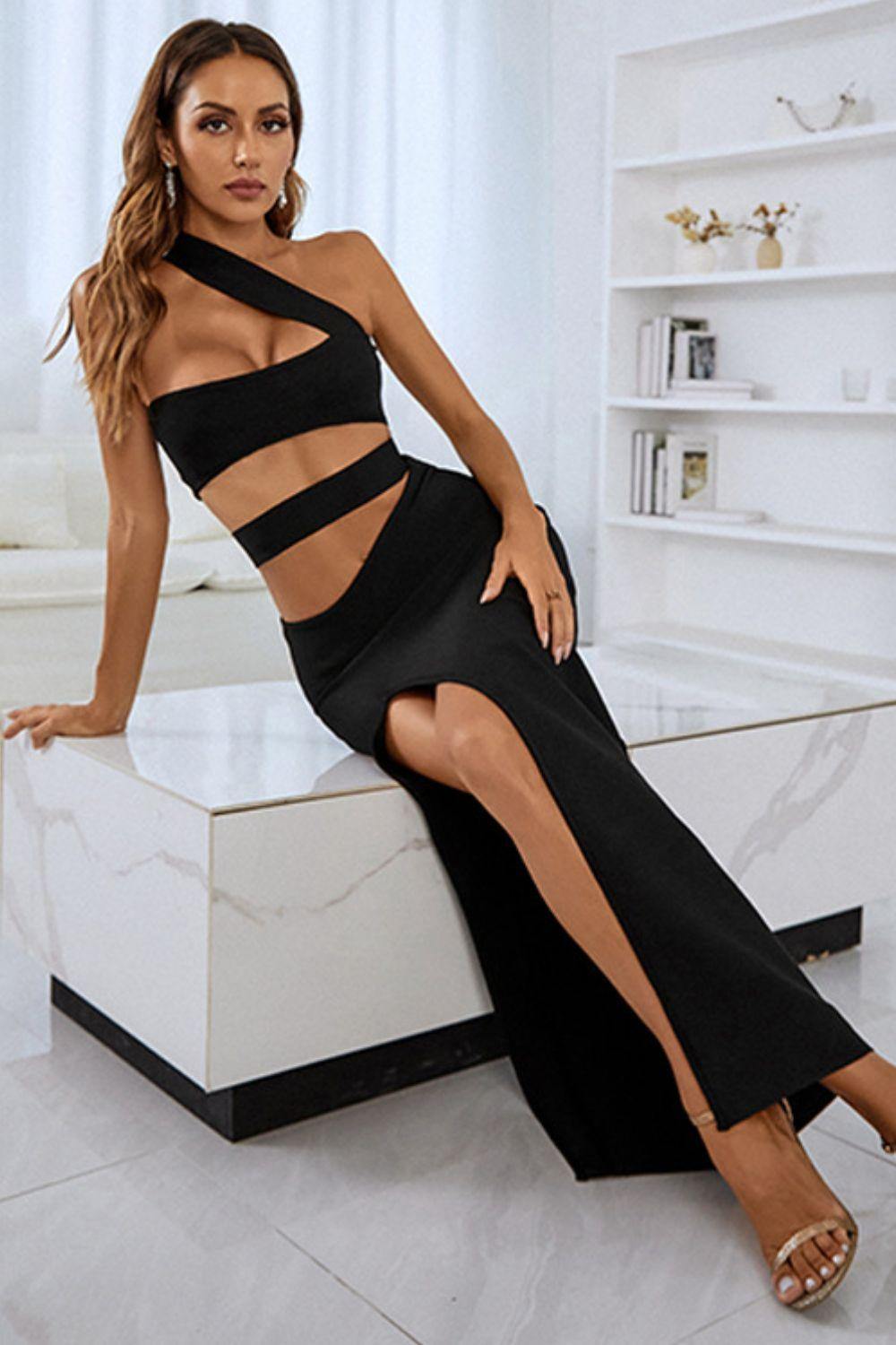 One-Shoulder Cutout Front Split Maxi Dress - Flyclothing LLC