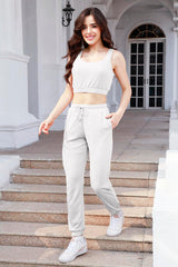 Waffle-Knit Cropped Tank and Drawstring Pants Set - Flyclothing LLC