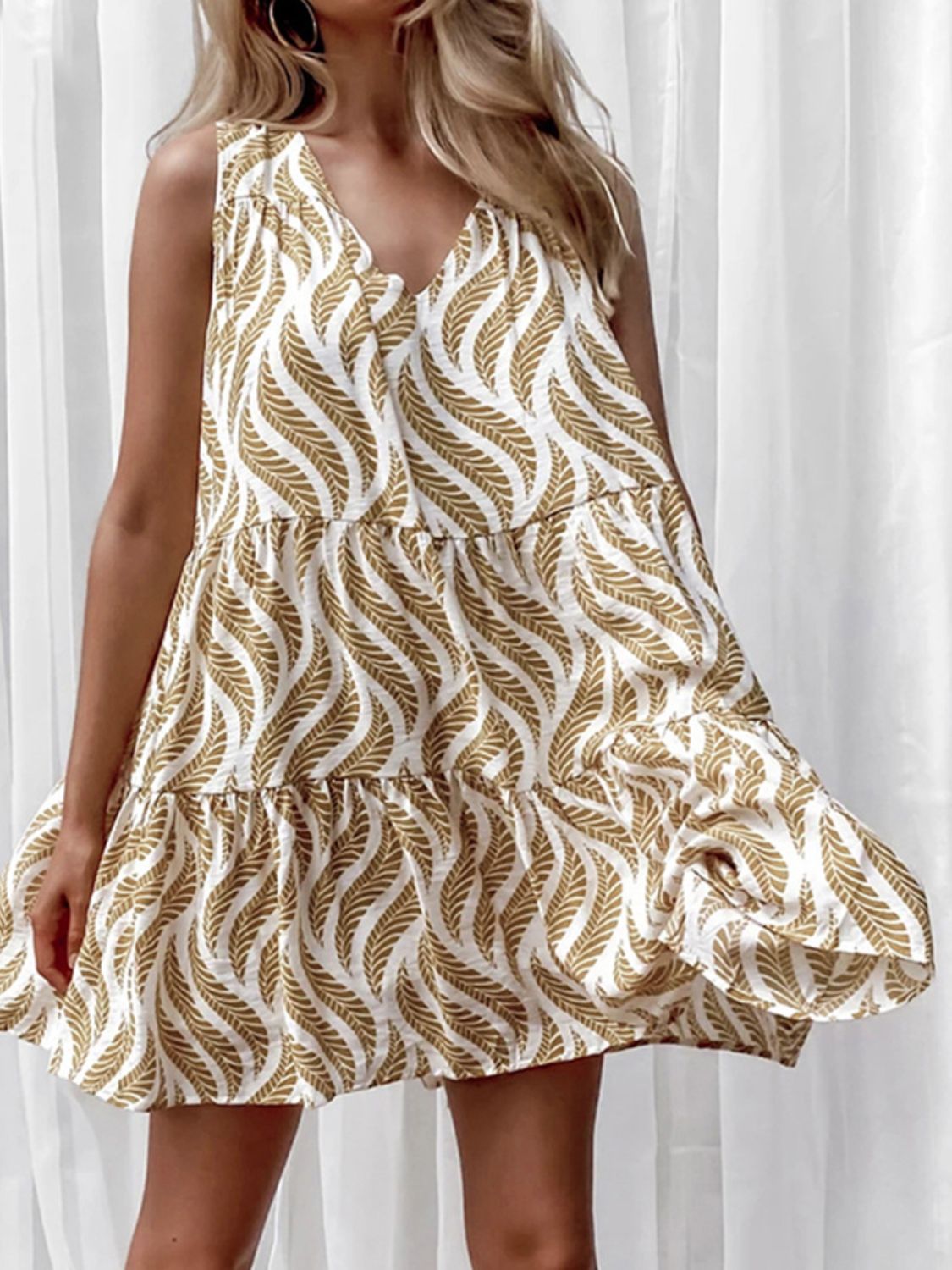 Printed V-Neck Sleeveless Mini Dress - Flyclothing LLC