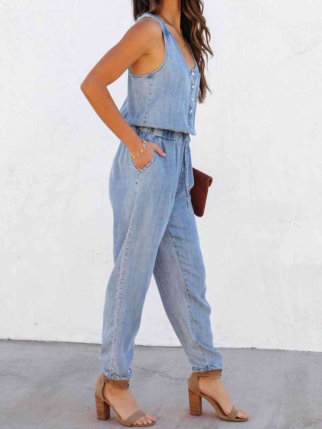 Drawstring Waist Sleeveless Jumpsuit - Flyclothing LLC