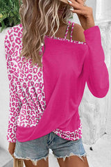 Leopard Asymmetrical Neck Long Sleeve Blouse - Flyclothing LLC