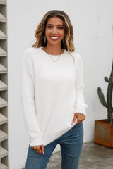 Dropped Shoulder Round Neck Fuzzy Sweater - Flyclothing LLC