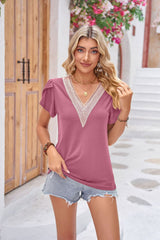 Contrast V-Neck Petal Sleeve Top - Flyclothing LLC