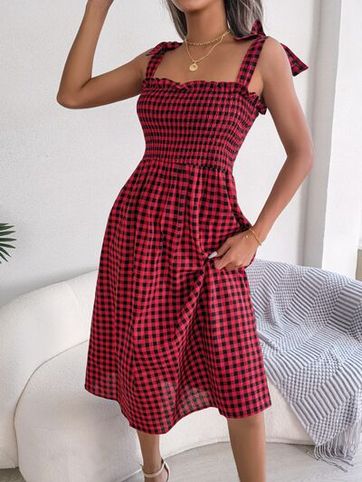 Frill Plaid Square Neck Midi Dress - Flyclothing LLC